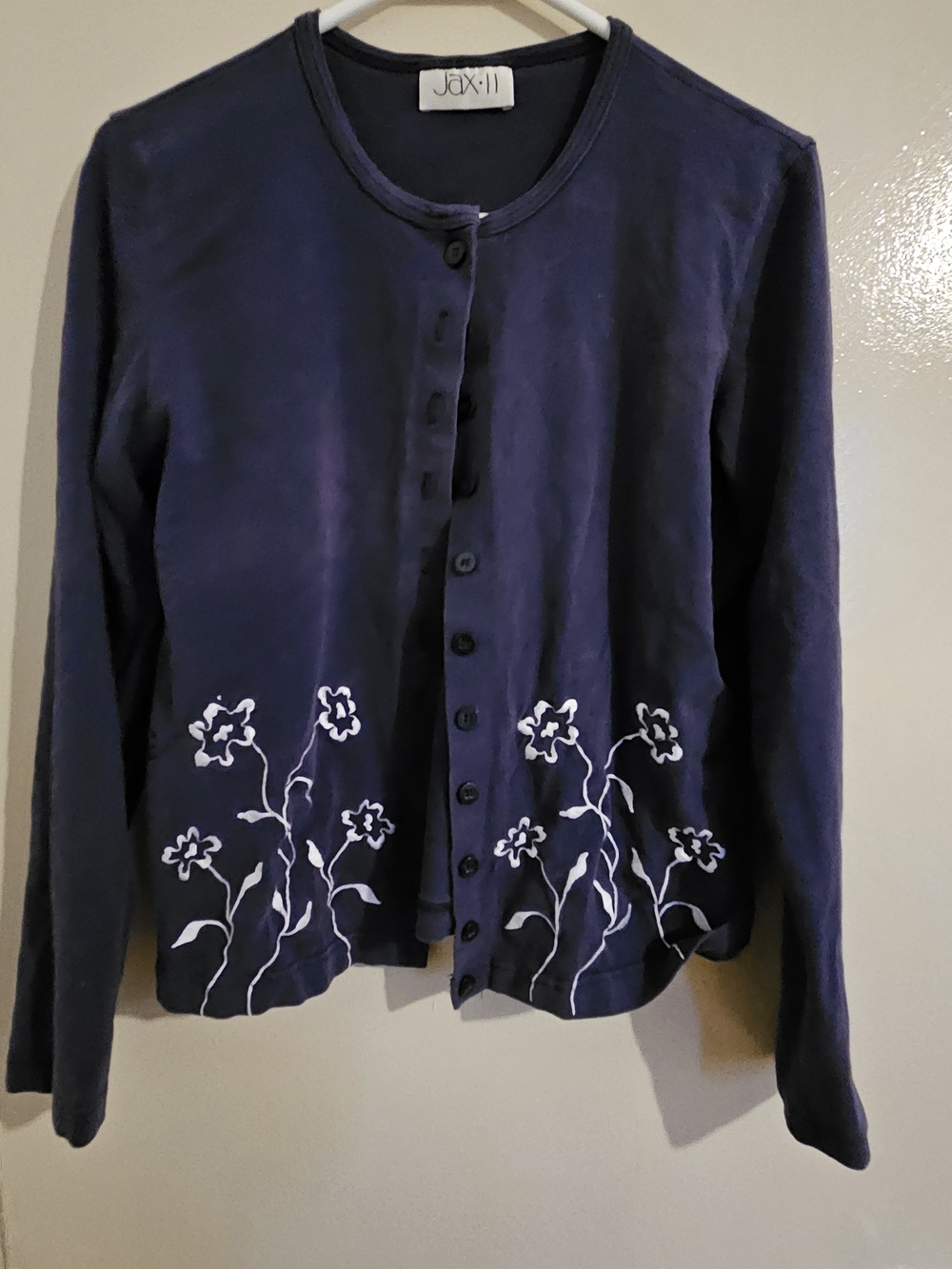 Jax Navy Button-Front Cardigan with White Floral Embroidery
